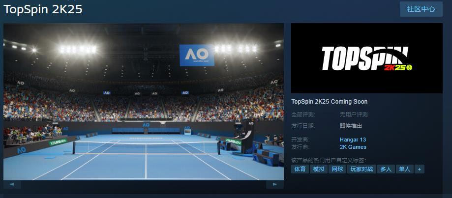 《TopSpin 2K25》Steam页面上线 支持简体中文