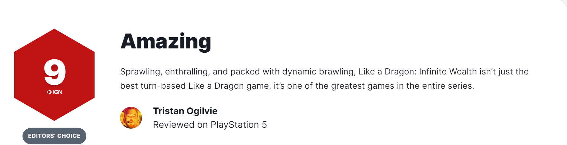 《如龙8》IGN 9分：系列最巨大年夜的游戏之1
