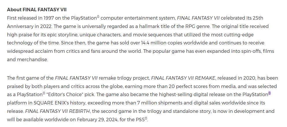 《最终幻想7：重制版》成为SE在索尼平台数字销量最高的游戏