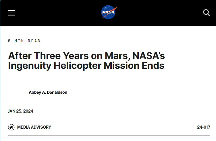 机智号火星直升机“摔断翅膀” NASA宣布任务结束