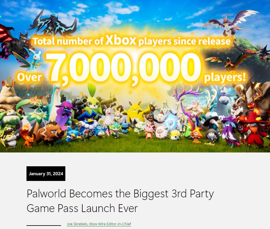 《幻兽帕鲁》成为XGP最大年夜的第3圆支布 Xbox将与开支商开做劣化游戏
