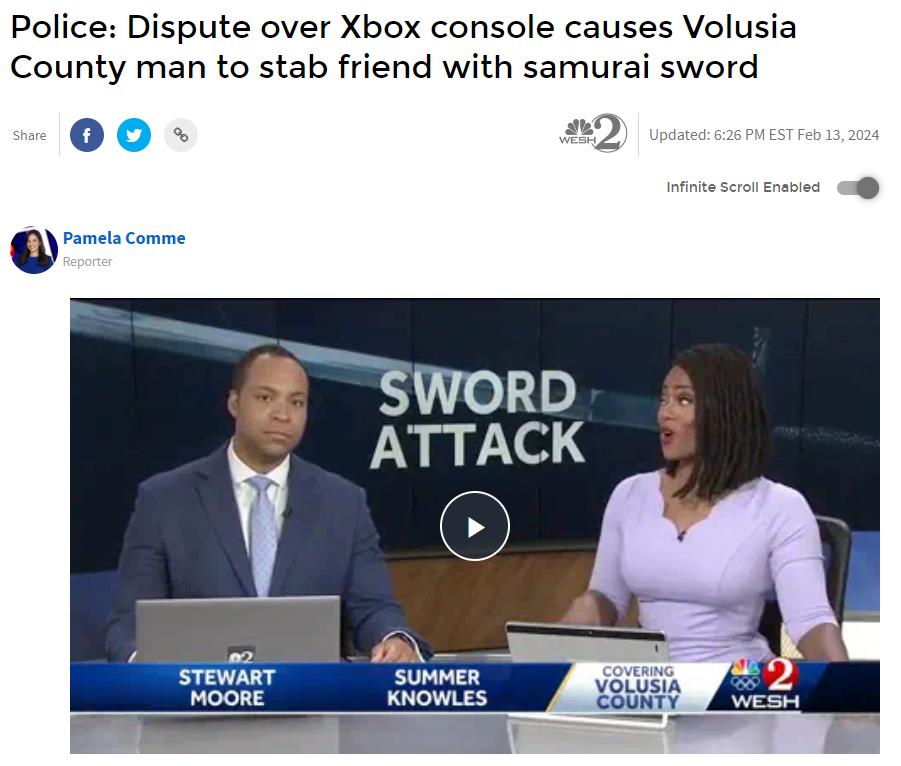 佛罗里达不养闲人 因Xbox主机起争执男子用武士刀袭击朋友