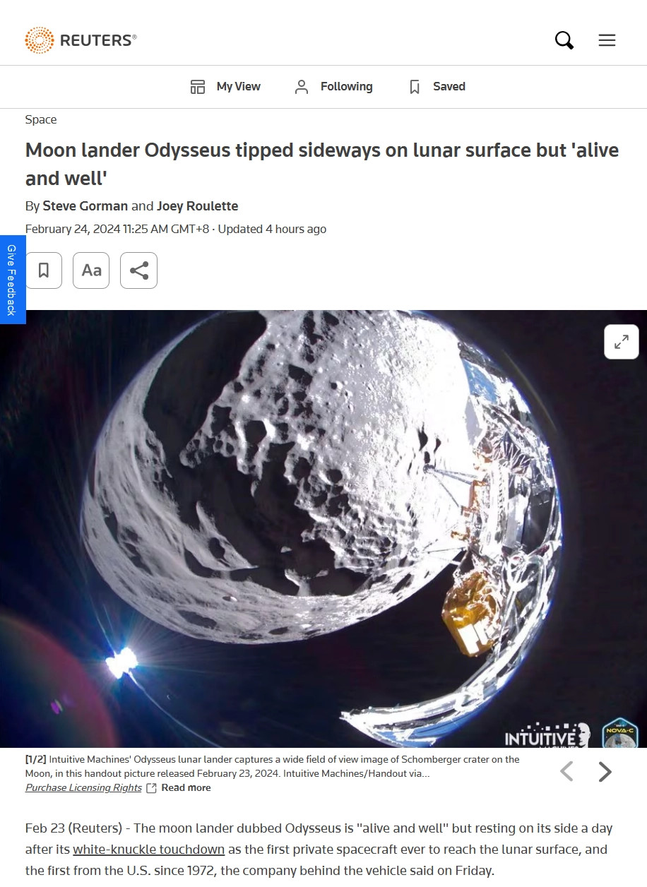 好航天器“奥德建斯”正在月球着陆时支死侧翻 但今朝运止一般