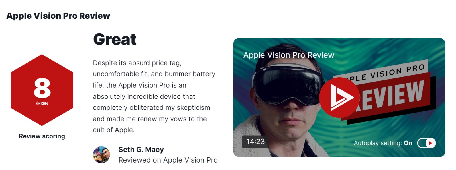 苹果Vision Pro IGN 8分：未来计算的惊鸿一瞥