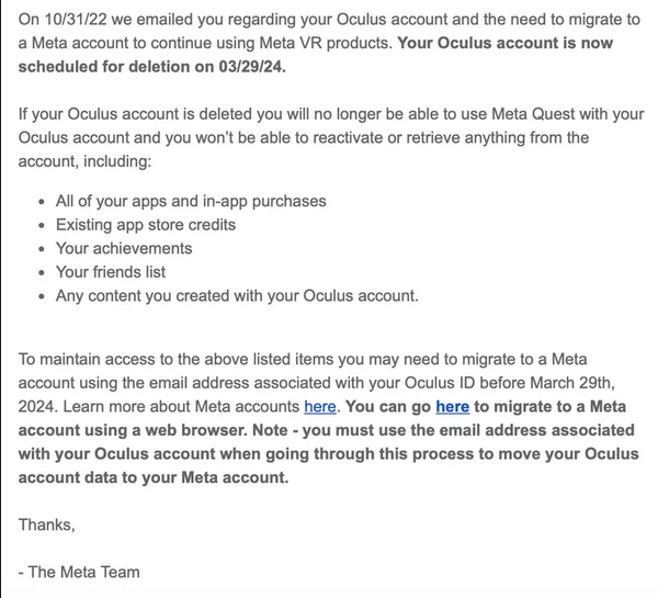 Meta揭示：将于本月尾删除了残缺旧Oculus账号