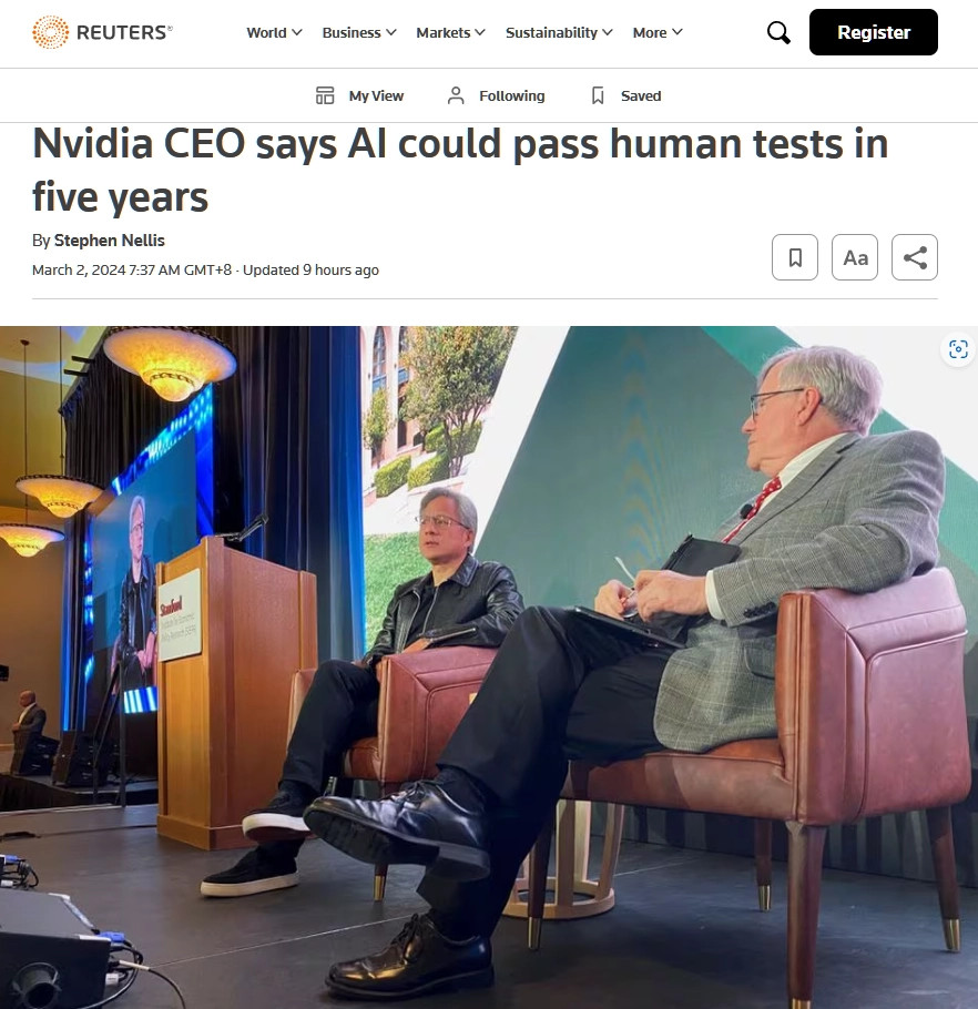 黄仁勋：通用人工智能预计最快五年内问世 可通过任何人类测试