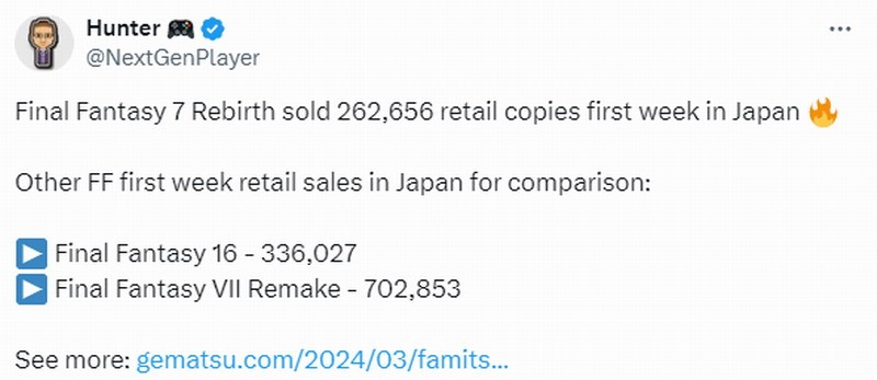 日本《最终幻想7：重生》实体首发销量比《最终幻想16》低22%