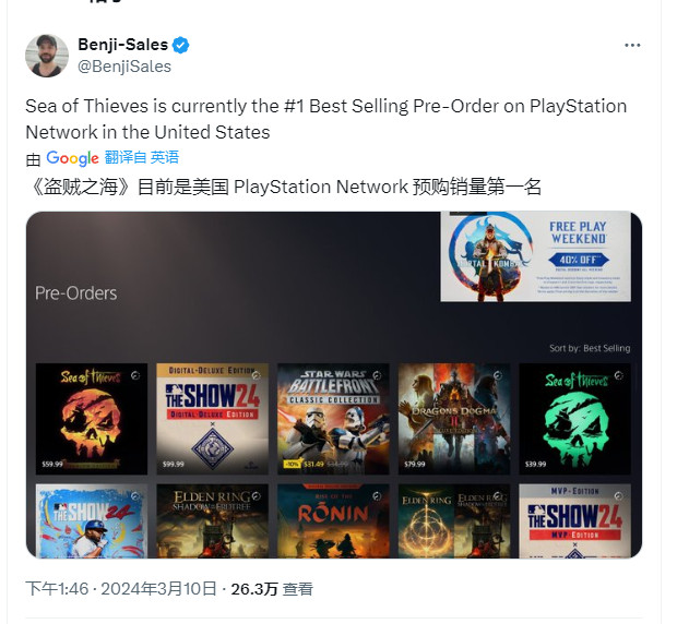 《匪贼之海》已是好服PSN预购最多的游戏