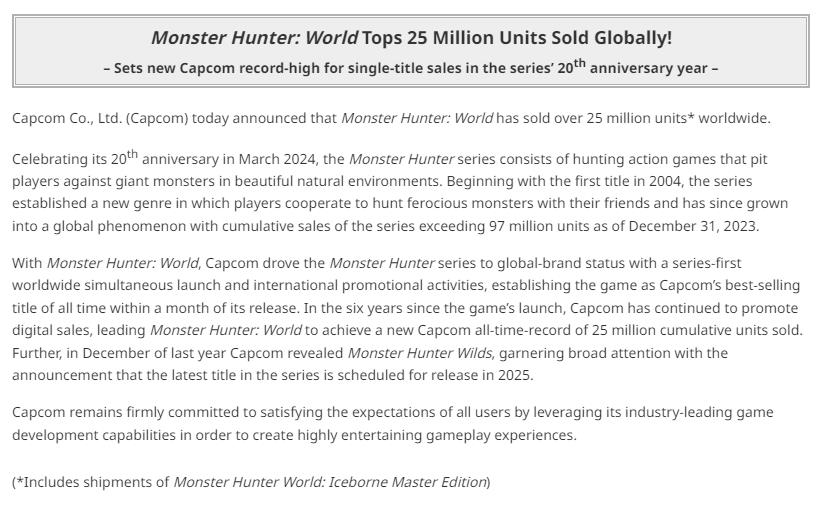 《怪物猎人：天下》全天下销量突破2500万 缔造卡普空新记实