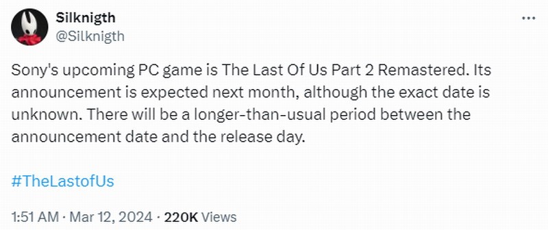 曝《最后生还者2：重制版》PC版将于4月宣告 期待吗？