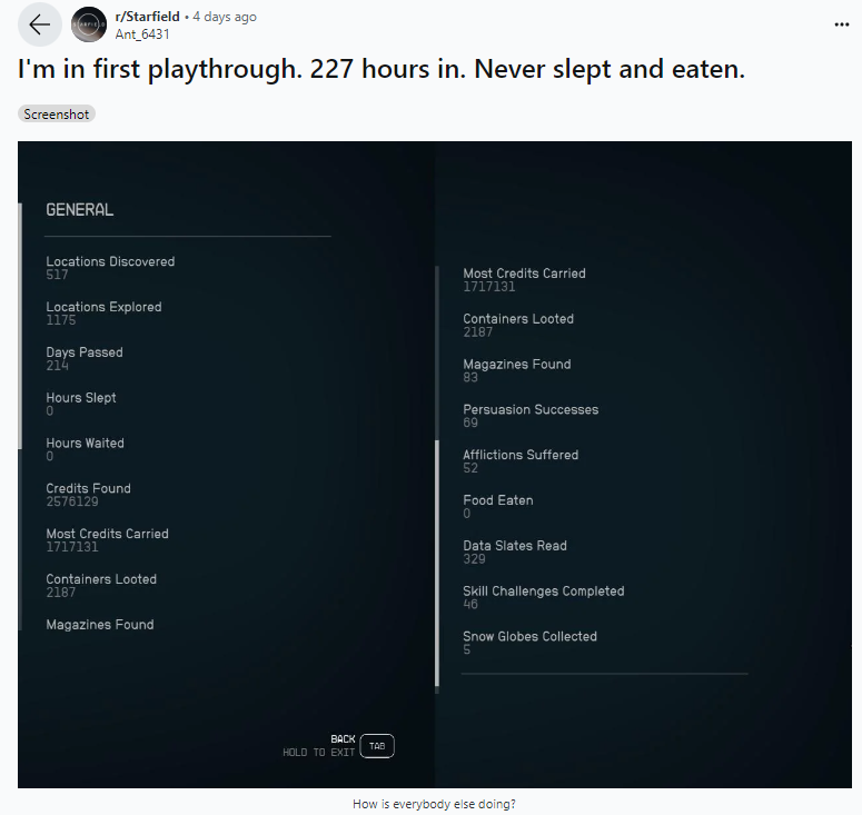 《星空》玩家玩227小时不让足色吃工具睡觉 那是让足荼毒！
