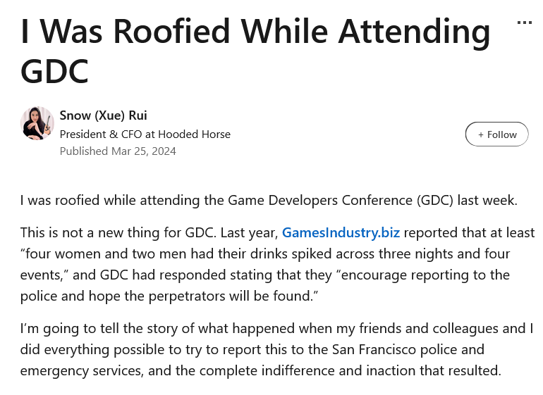 游戏开发者声称GDC与会被下药 指责举办方警方不作为