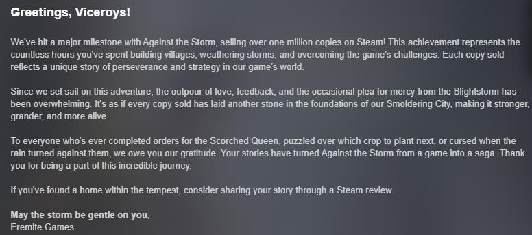 好评如潮建制游戏《风暴之乡》 Steam销量突破100万份