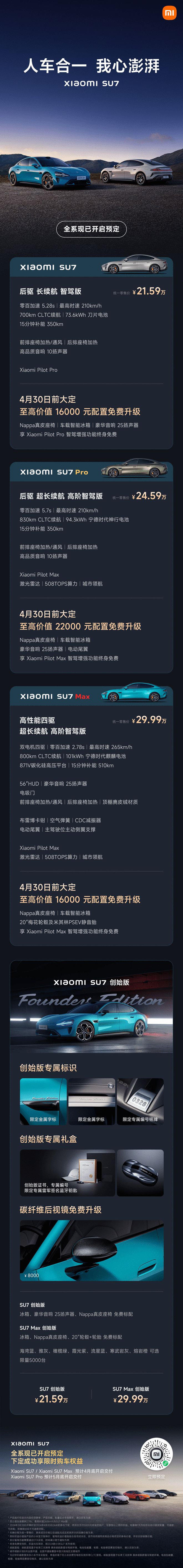 小米汽车SU7正式发布 标准版21.59万元