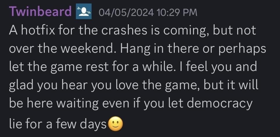 《地狱潜者2》新补丁导致游戏崩溃 官方建议玩家休息几天