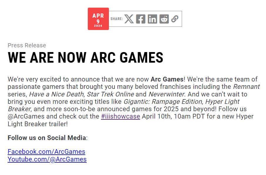 《遗迹2》刊行商宣告更名为ARC GAMES 将不断刊行游戏