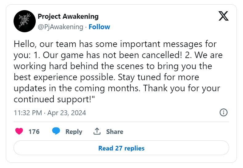 开发者表示《觉醒计划》并未取消 正在努力开发中