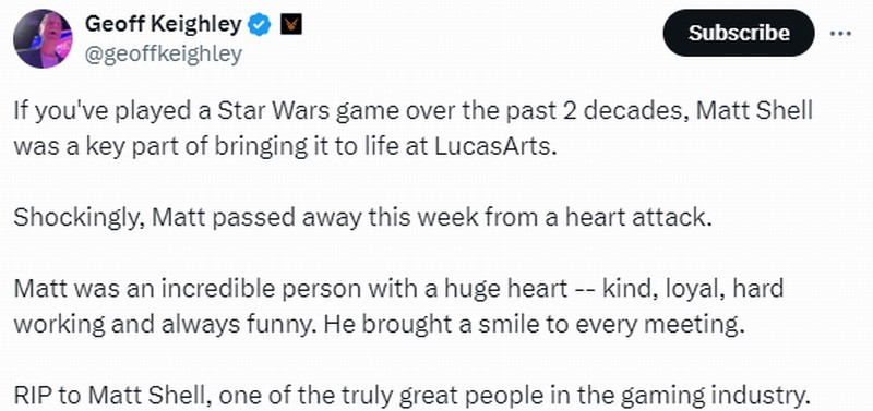 LucasArts前负责人马特谢尔去世 星战游戏关键人物