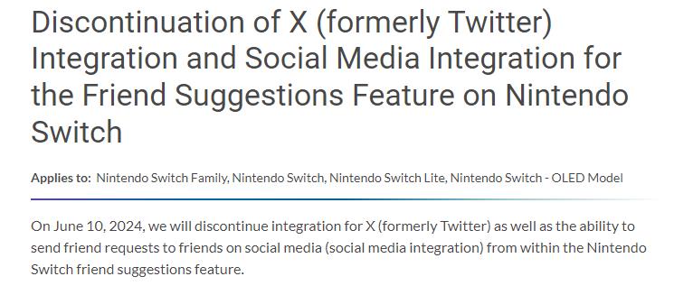 任天堂宣布Switch停止支持推特 6月10日起生效