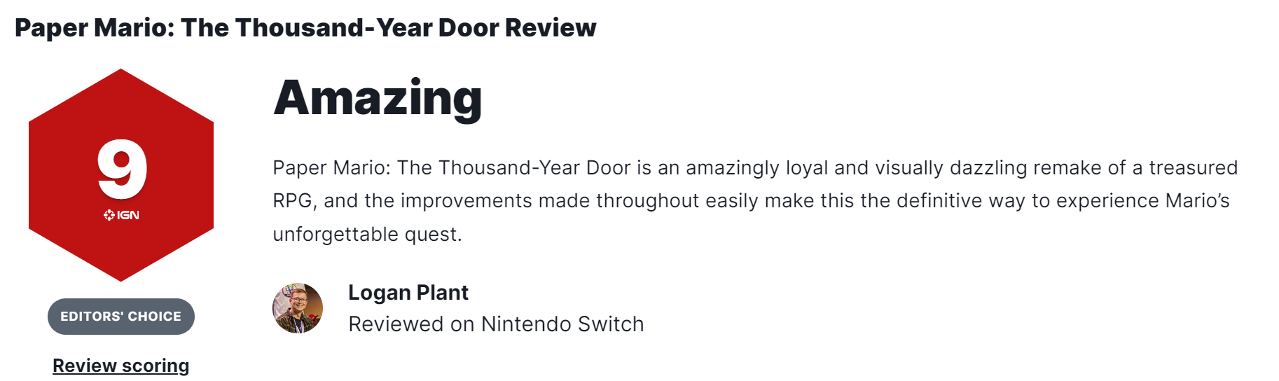 《纸片马里奥：千年之门》IGN 9分 令人难忘的体验