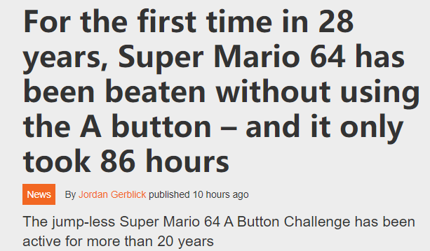 高玩全程不按A键通关《超级马里奥64》耗时约87小时