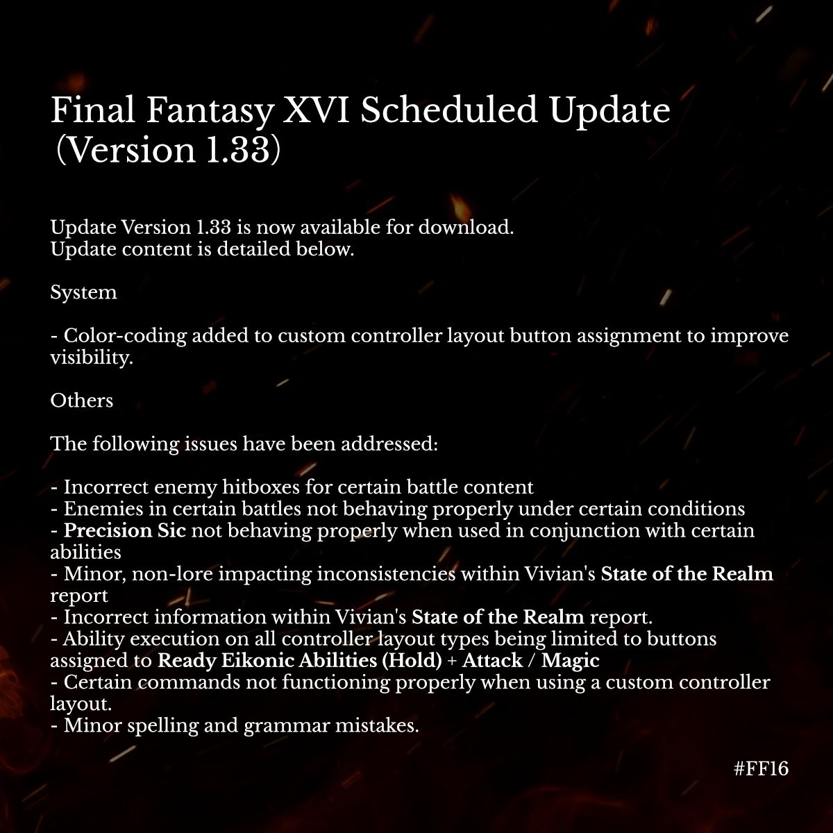《最终幻想16》1.33补丁更新上线 优化自定义手柄配置