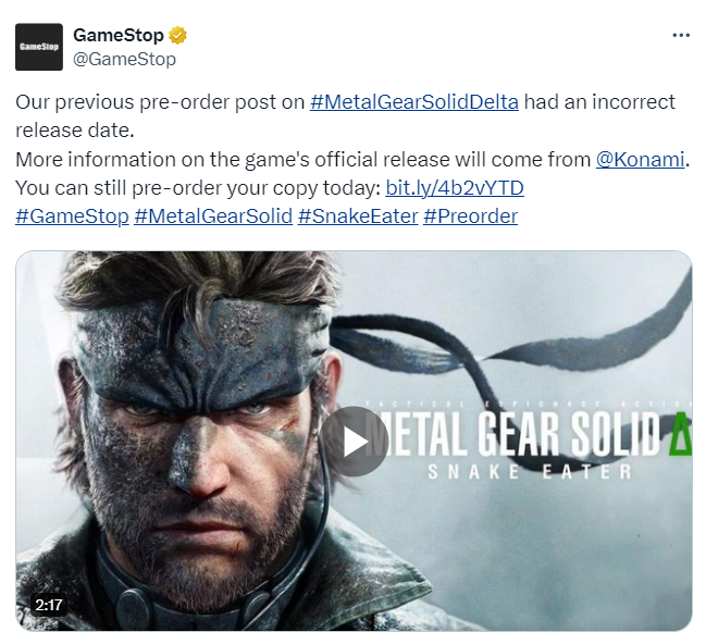零售商GameStop澄清《合金装备3：重制版》发售日期：是错误信息