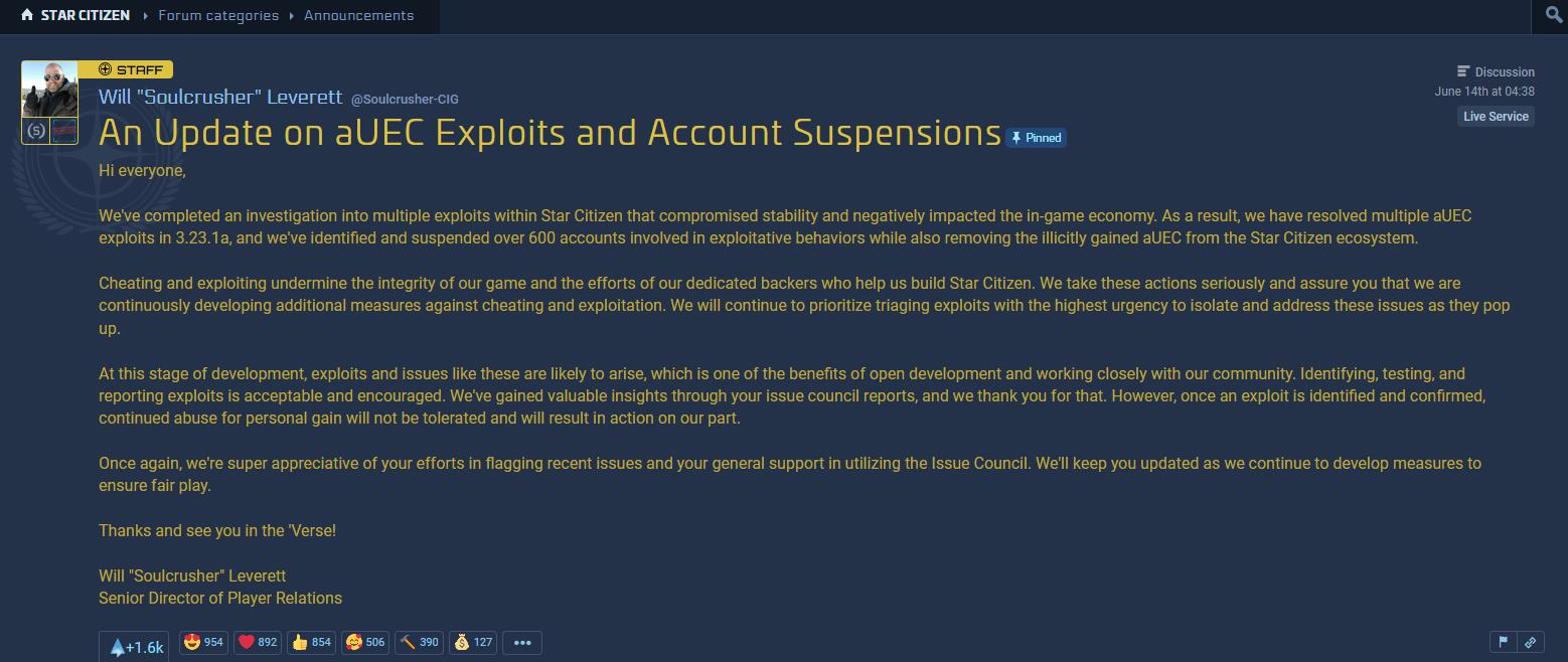 《星际公民》开发商封禁600多名利用漏洞影响游戏内经济的玩家