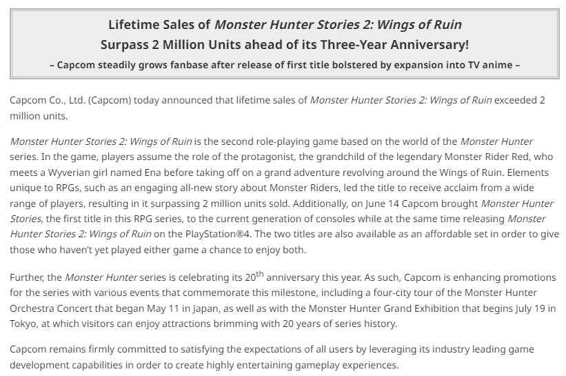 发售近三年 《怪物猎人物语2》累计销量突破200万