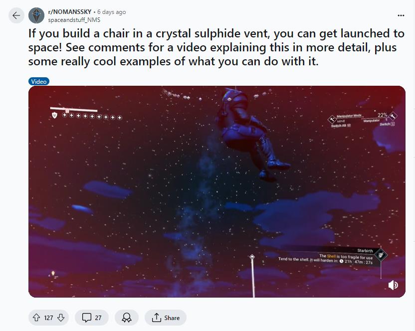 《无人深空》玩家发现趣味BUG 利用沙发弹射进太空中畅游
