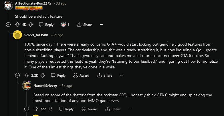 GTAOL加入付费会员专属功能 引发对《GTA6》担忧
