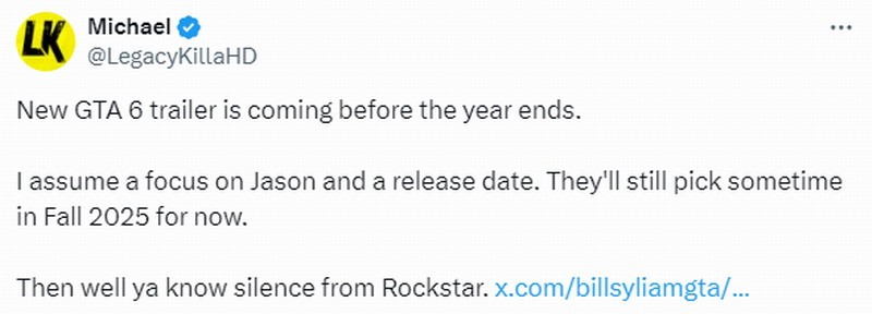傳《GTA6》第二部預告將在年底前發佈 聚焦於男主