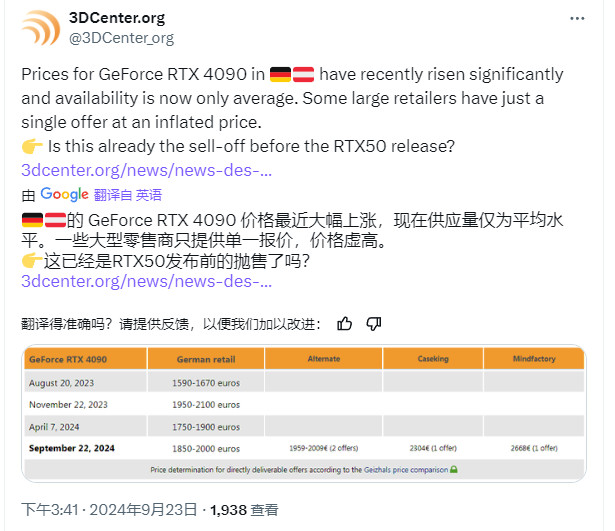 停产在即 RTX 4090在德国涨价25%