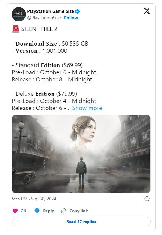《寂靜嶺2：重制版》PS5版下載大小超過50GB