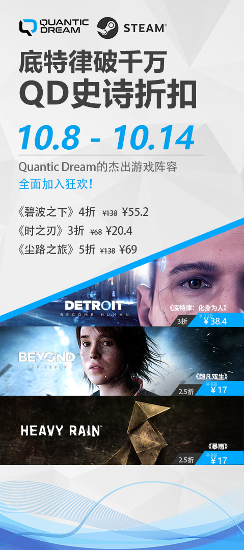 榮耀破千萬，Quantic Dream巨獻：《底特律：化身為人》《超凡雙生》《暴雨》攜手最低2.5折