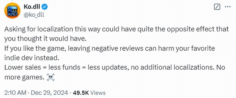 独立游戏开发者吐槽中国玩家：无中文就给差评很讨厌