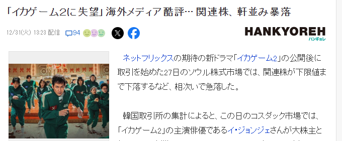 《鱿鱼游戏 第二季》风评不佳 相关企业股价全部暴跌