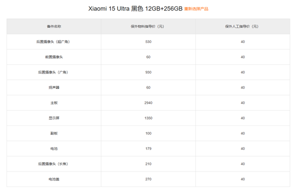 小米15 Ultra备件保外维修价格出炉：主板最高3540元