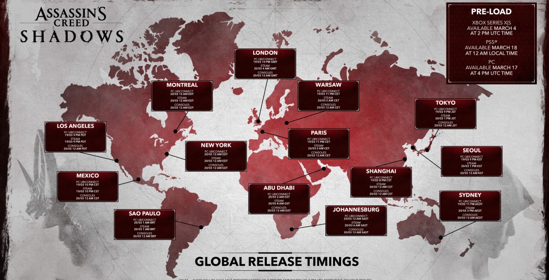 《刺客信條：影》全球解鎖和預(yù)載時(shí)間公布 育碧connect最早解鎖