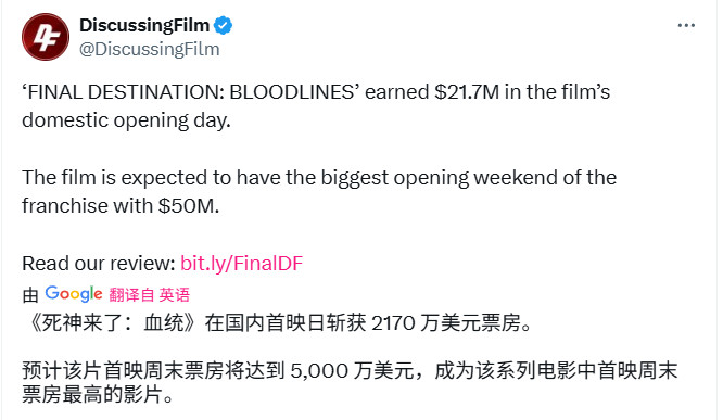 《死神来了6》打破系列记录 北美首日票房达2100万美元