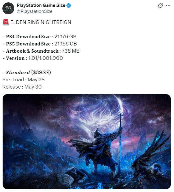 《艾爾登法環(huán)：黑夜君臨》PS4/5版容量曝光 不到22GB