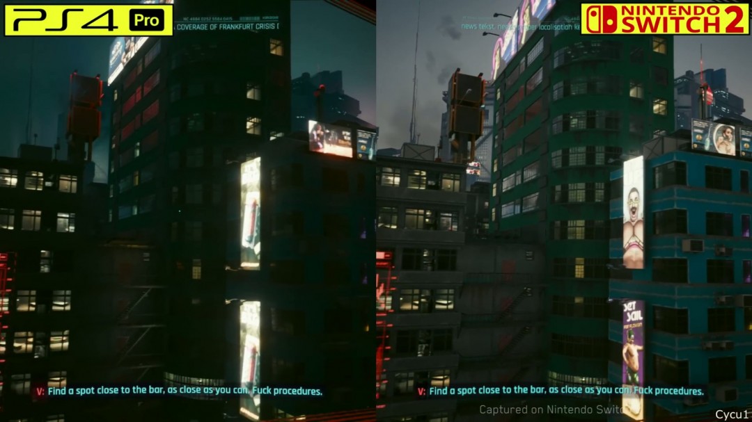 《赛博朋克2077》PS4 Pro和Switch 2画面对比