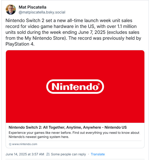 卖疯了！Switch 2美国首周销量超110万台