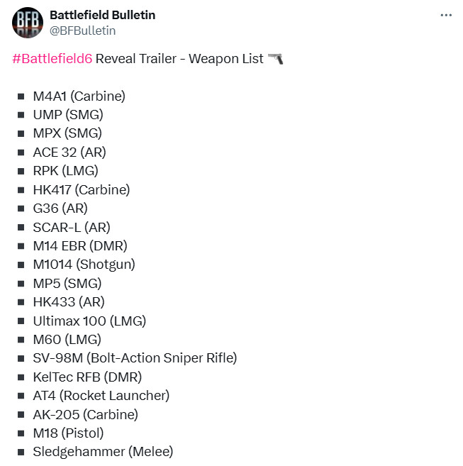 《戰(zhàn)地6》首支預(yù)告曝光的武器名單 20余種武器浮出水面