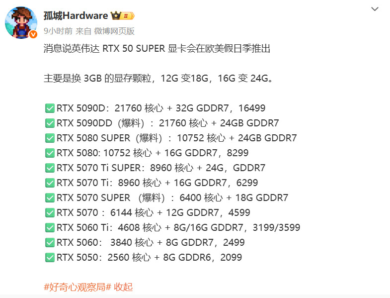 利好PC玩家！傳RTX 50 Super系列今年Q4就發(fā)售