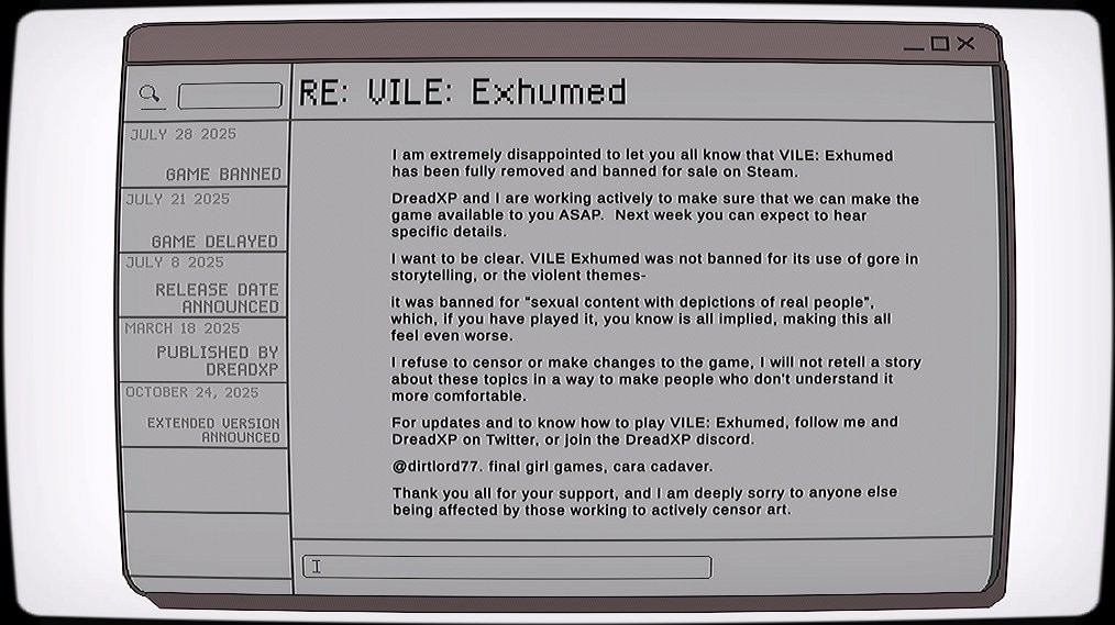恐怖游戏《VILE: Exhumed》无直接性描写仍被Steam下架