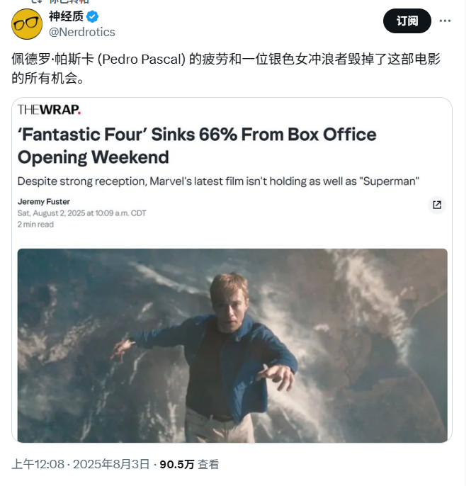 《神奇四侠：初露锋芒》票房危？美国本土第二个周五大跌80%