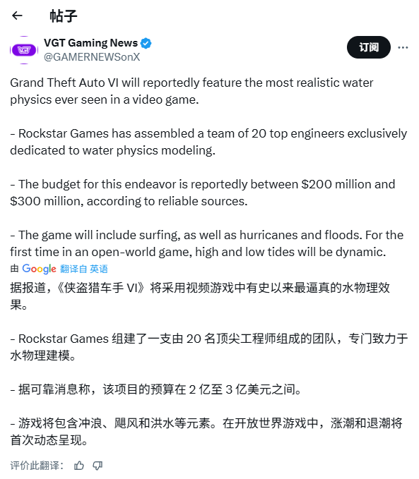 真实模拟！曝《GTA6》仅在水体表现上就花费高达3亿美元！
