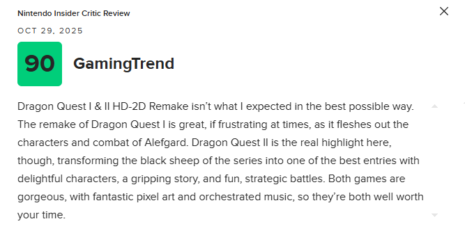 《勇者斗恶龙1&2 HD-2D重制版》M站均分86分：对原作的真挚致敬！