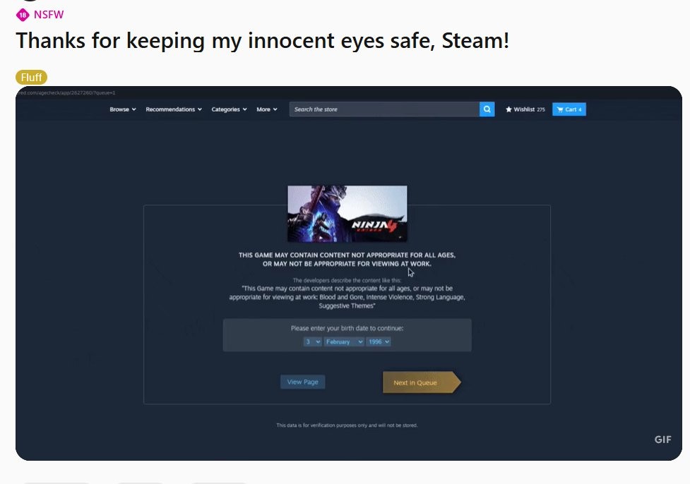 玩家吐槽Steam离谱机制 暴力内容要认证色情内容却不要